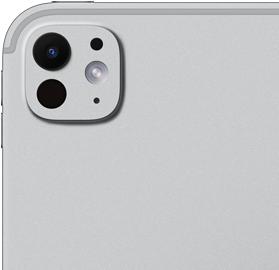 iPad Pro, pohled zezadu, stříbrná barva, profesionální fotosoustava s pětičlenným objektivem a adaptivním True Tone bleskem